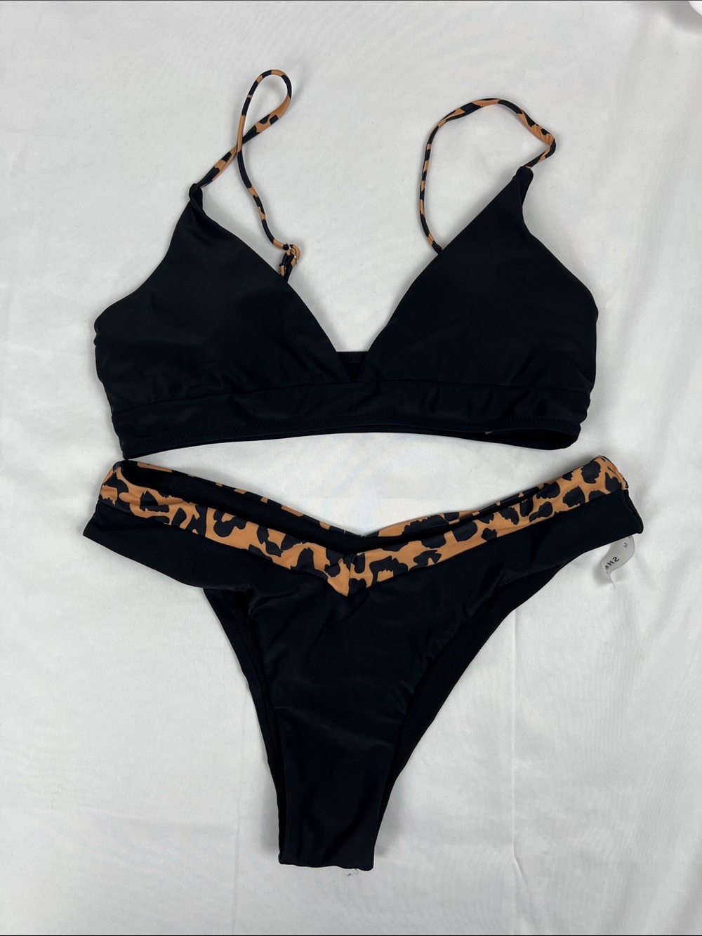 SHEIN Black with Leopard Trim Bikini Set